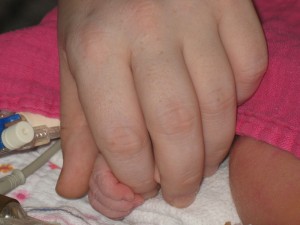 Jelka's kleine handje in mama's grote hand.